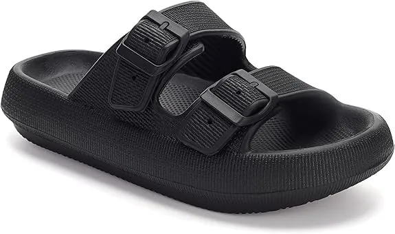 Slides for Women Men Double Buckle Adjustable Thick Sole Pillow Slippers Bathroom Sandals