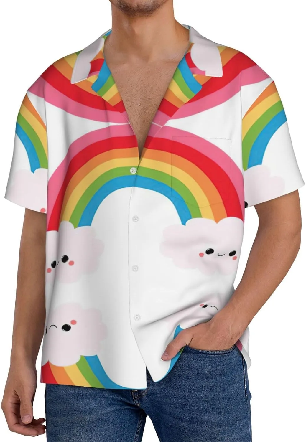 Small Rainbow Printing Men's Fashion Summer Short Sleeve Button Shirt with Pocket,S-4xl Cuban Shirt Hawaiian Shirt