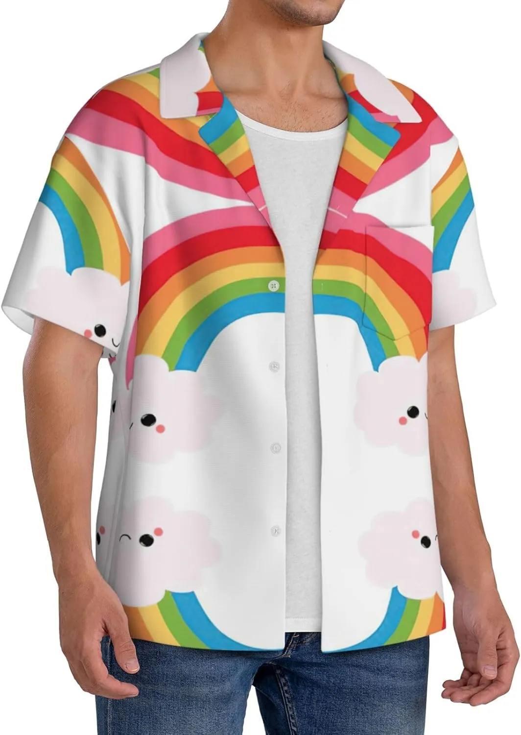 Small Rainbow Printing Men's Fashion Summer Short Sleeve Button Shirt with Pocket,S-4xl Cuban Shirt Hawaiian Shirt