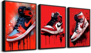 Sneaker Poster -Set of Three Sneaker Wall Art Shoe Decoration, Teen Boy Room Girl Room Wall Art Decorated (Black Frame, 12" x 16")