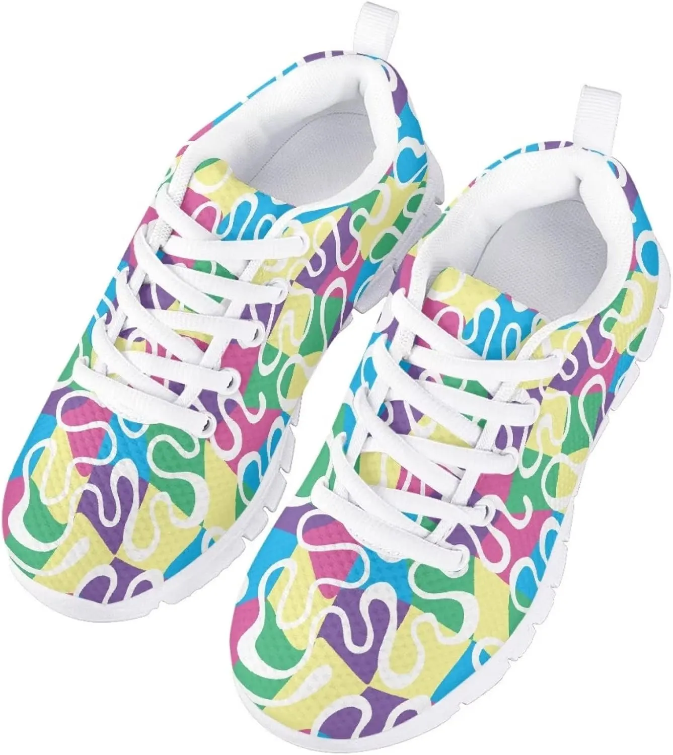 Stylish Print Soft Running Tennis Shoes for Kids Girls Lightweight Lace Up Nonslip Mesh Athletic Shoes