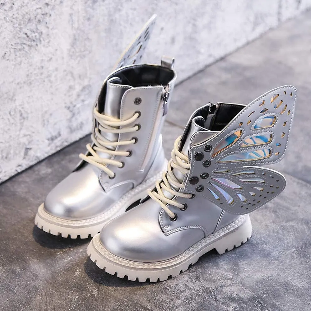 TangDao Kid Baby Girls Fashion Lace Up Leather Ankle Boots Detachable Butterfly Wings Side Zipper Outdoor Warm Short Snow Waterproof Boots for girls