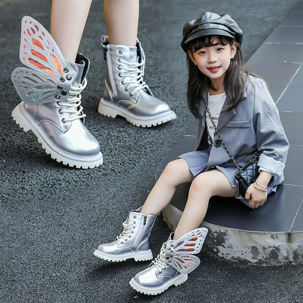 TangDao Kid Baby Girls Fashion Lace Up Leather Ankle Boots Detachable Butterfly Wings Side Zipper Outdoor Warm Short Snow Waterproof Boots for girls