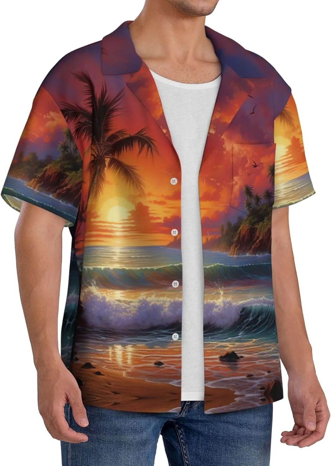 Tropical Sunset Printing Men's Fashion Summer Short Sleeve Button Shirt with Pocket,S-4xl Cuban Shirt Hawaiian Shirt