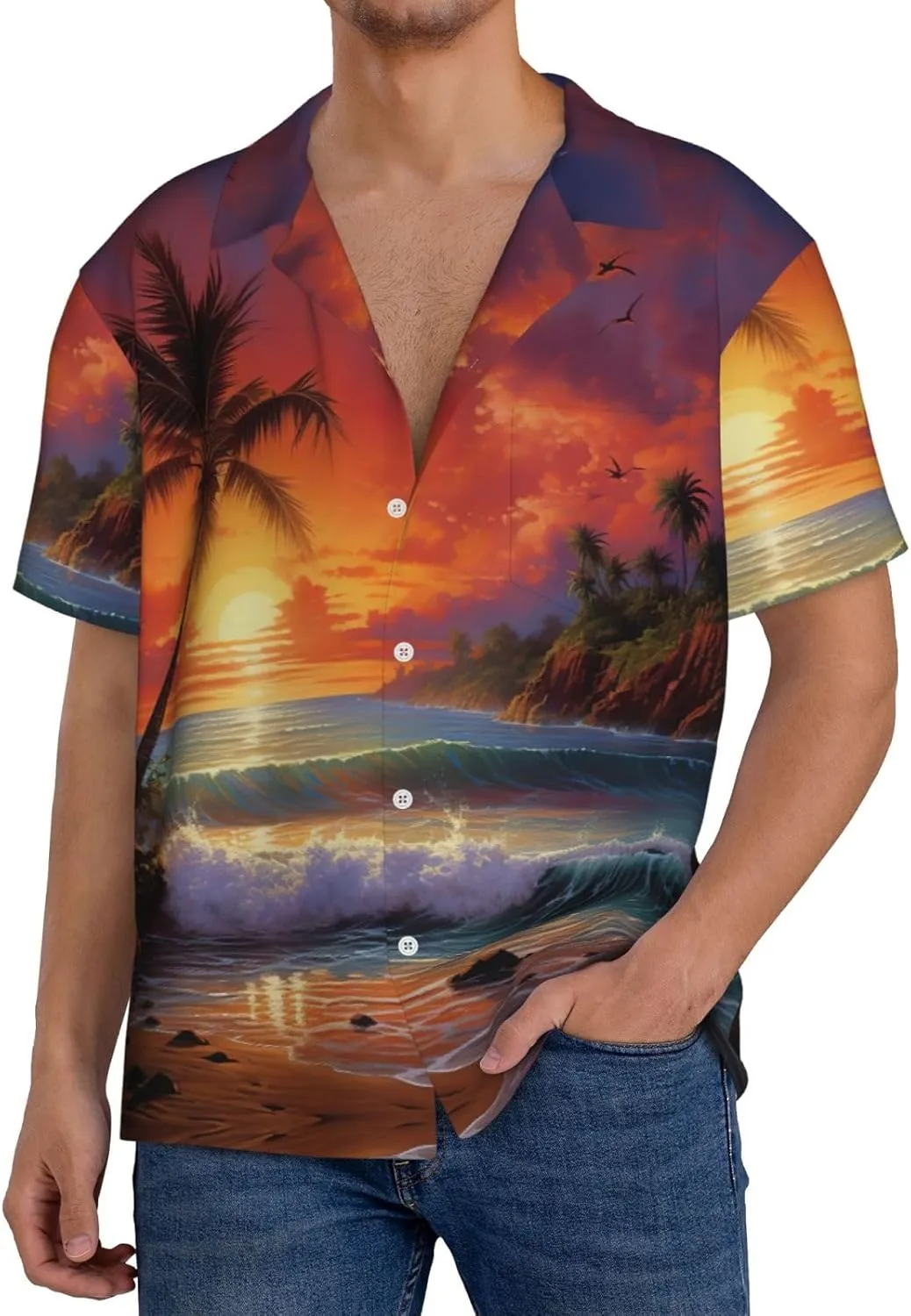 Tropical Sunset Printing Men's Fashion Summer Short Sleeve Button Shirt with Pocket,S-4xl Cuban Shirt Hawaiian Shirt