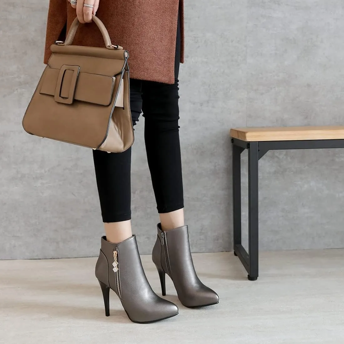 VOKLIN Women's Fashion Pointed Toe Stilettos High Heel Ankle Boots Side Zipper Elegant Dressy Short Booties