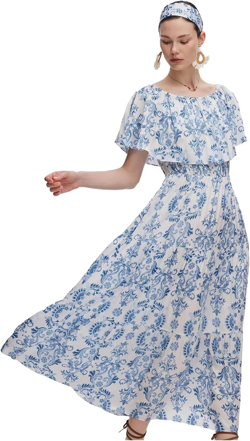 Women Floral Print Convertible Neckline Maxi Dress