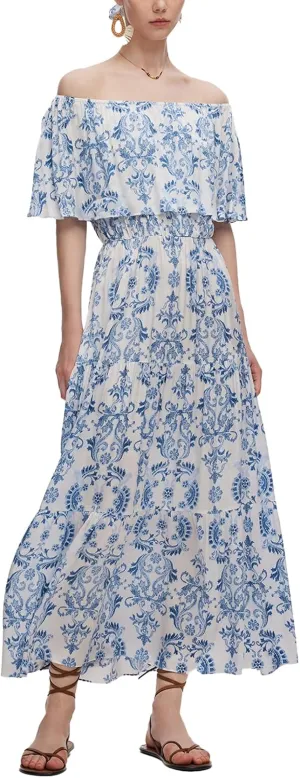 Women Floral Print Convertible Neckline Maxi Dress