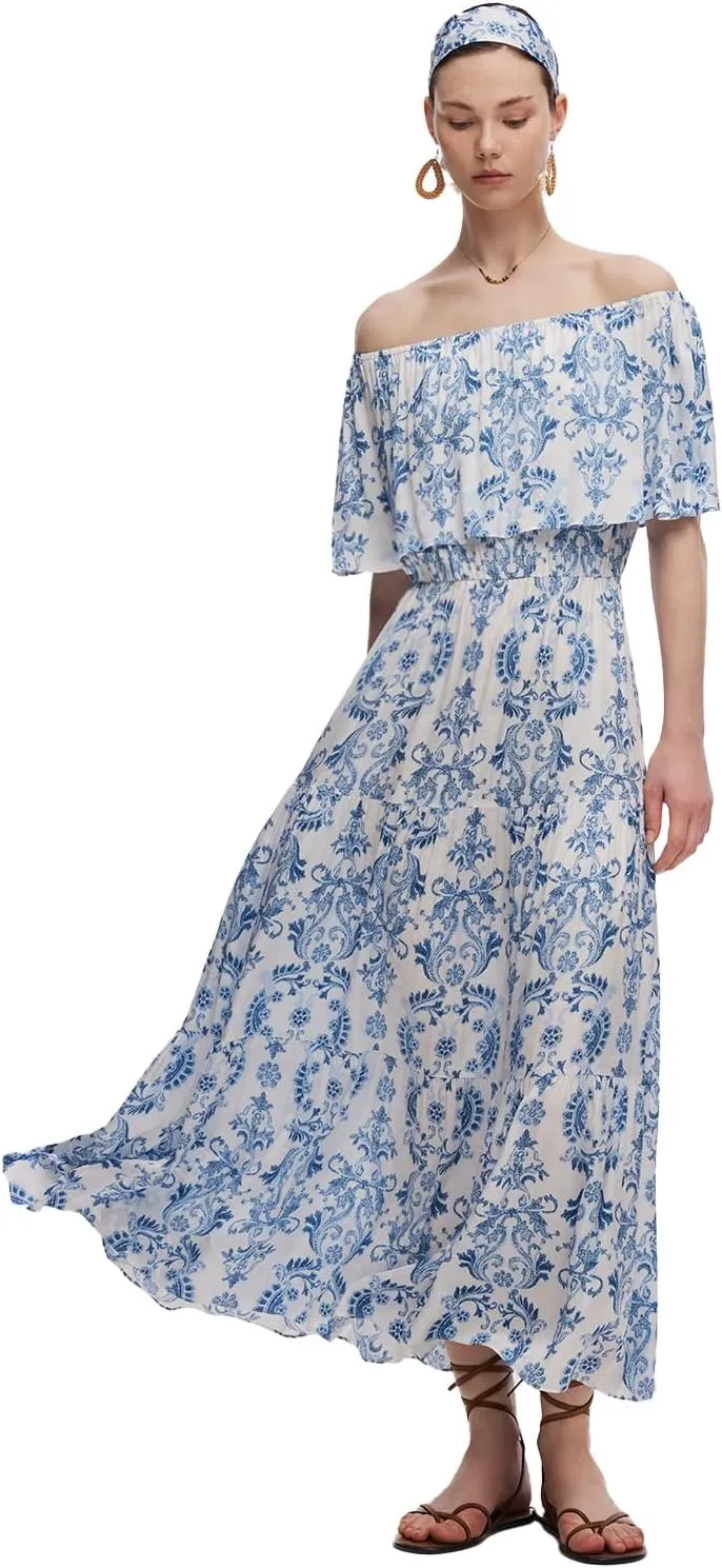 Women Floral Print Convertible Neckline Maxi Dress
