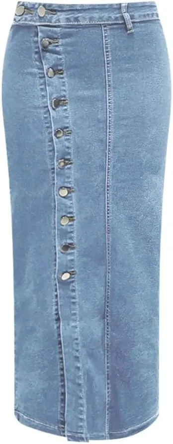 Women High Waist Button Front Split Denim Skirt Casual Midi Stretch Slim Fit Vintage Long Skirt
