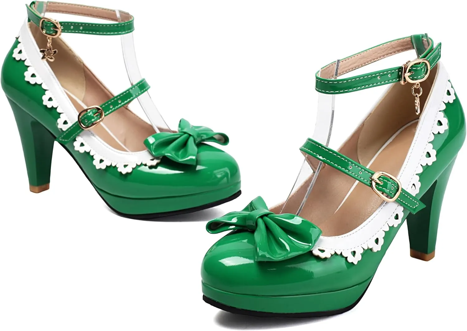 Womens Block Heel Bow Lolita Shoes Buckle Strap Cosplay Lace Lolita Mary Janes Shoes