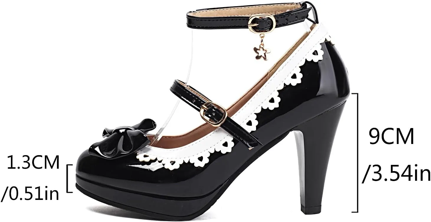 Womens Block Heel Bow Lolita Shoes Buckle Strap Cosplay Lace Lolita Mary Janes Shoes
