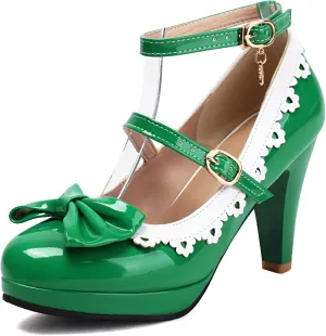 Womens Block Heel Bow Lolita Shoes Buckle Strap Cosplay Lace Lolita Mary Janes Shoes