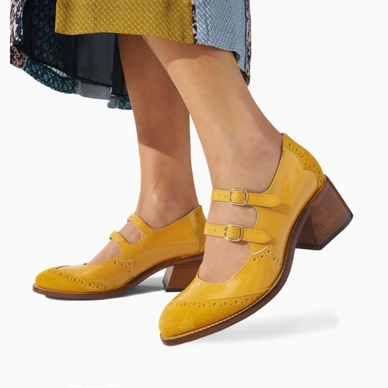 Women’s Double Strap Buckle Mary Jane Stacked Heel Dress Pumps Retro Wingtip Oxford Style Pumps Shoes Closed Round Toe Chunky Heel Shoes for Work Party School