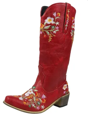 Women's Embroidered Printed Western Cowgirl Boots Retro Point Toe Mid Calf Chunky Heel Boots Slip-On Mid Calf Boots
