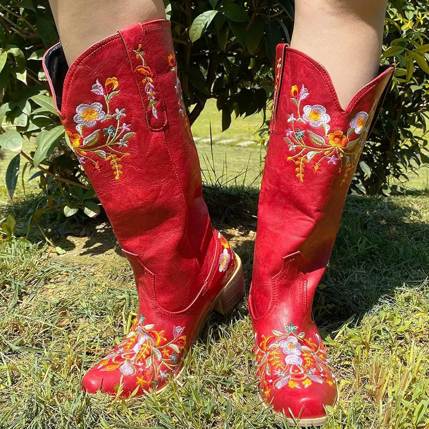 Women's Embroidered Printed Western Cowgirl Boots Retro Point Toe Mid Calf Chunky Heel Boots Slip-On Mid Calf Boots