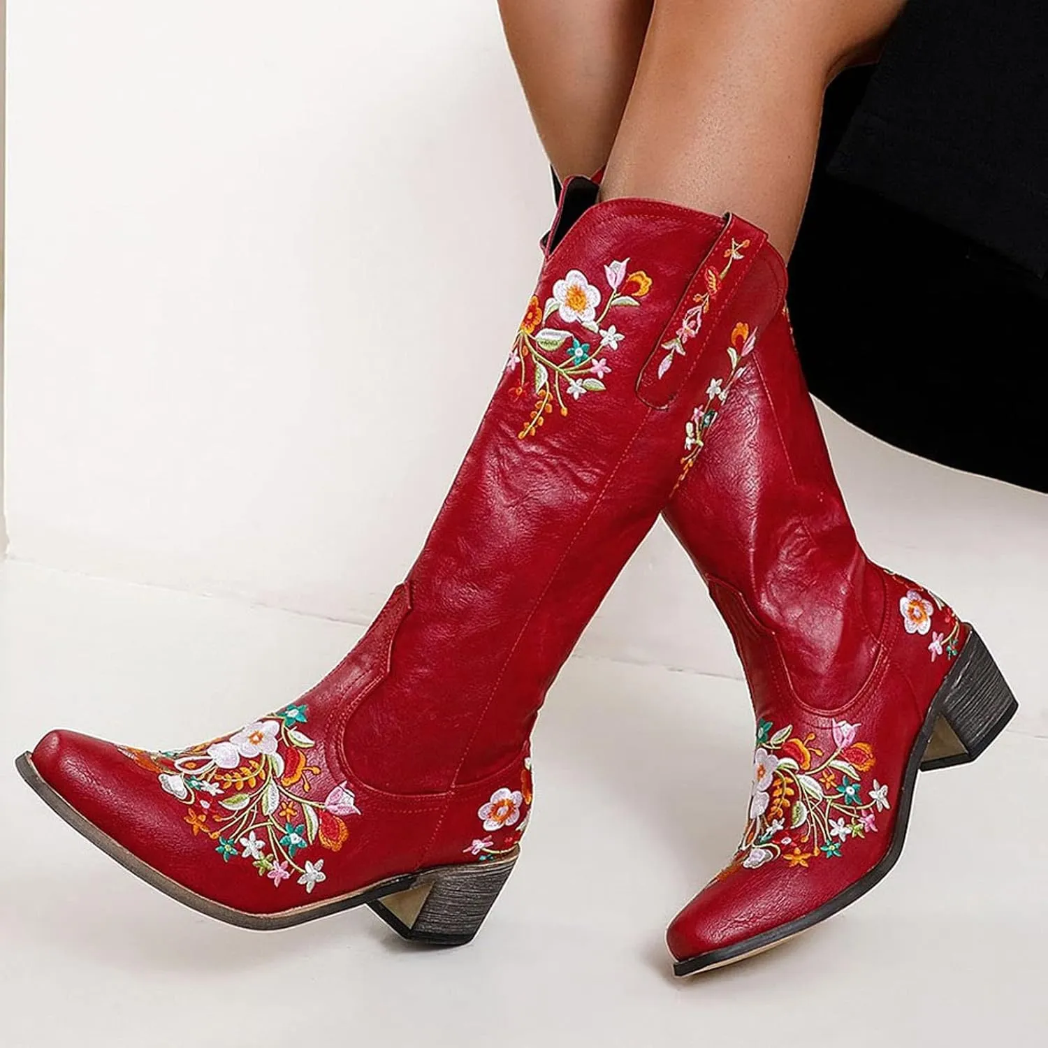Women's Embroidered Printed Western Cowgirl Boots Retro Point Toe Mid Calf Chunky Heel Boots Slip-On Mid Calf Boots