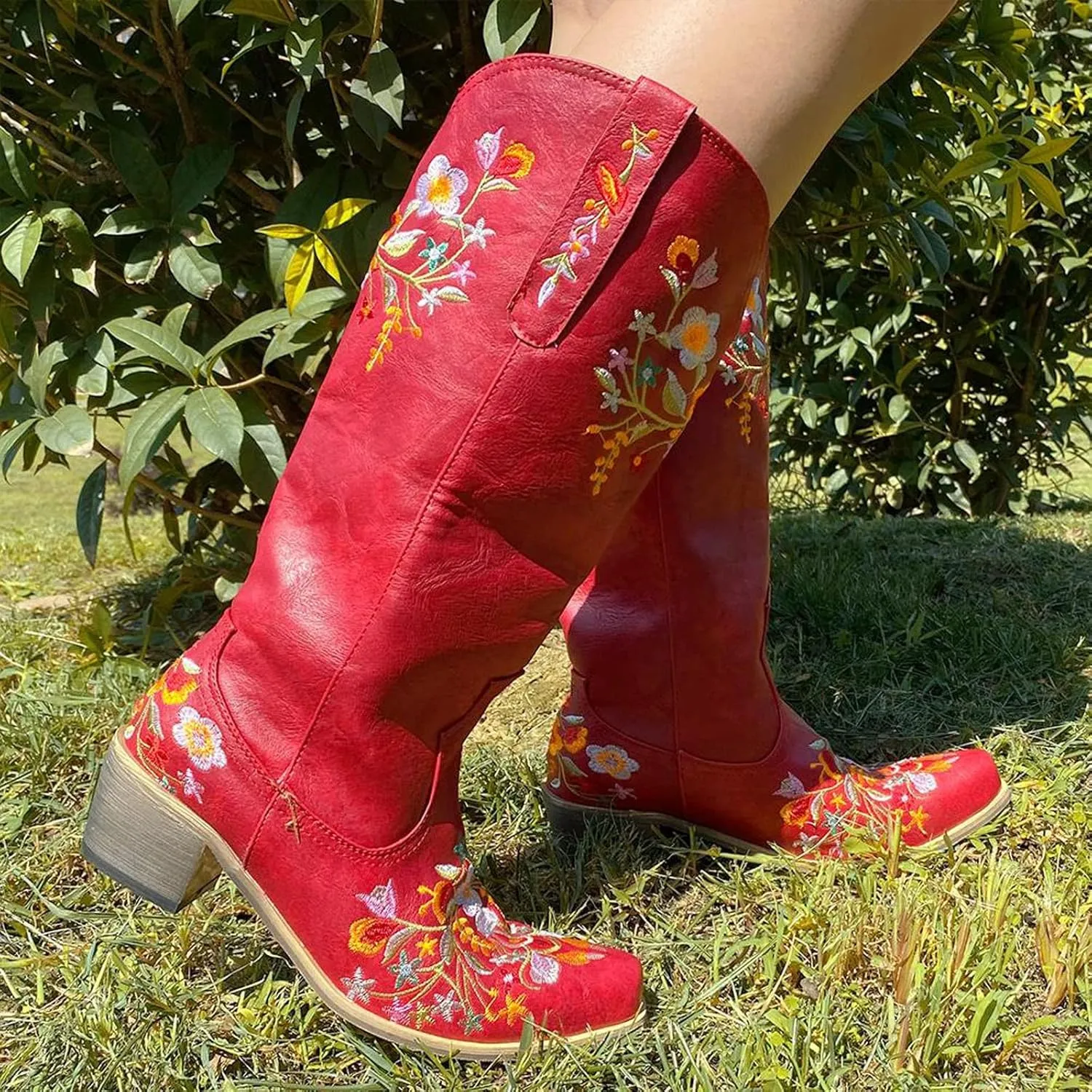 Women's Embroidered Printed Western Cowgirl Boots Retro Point Toe Mid Calf Chunky Heel Boots Slip-On Mid Calf Boots