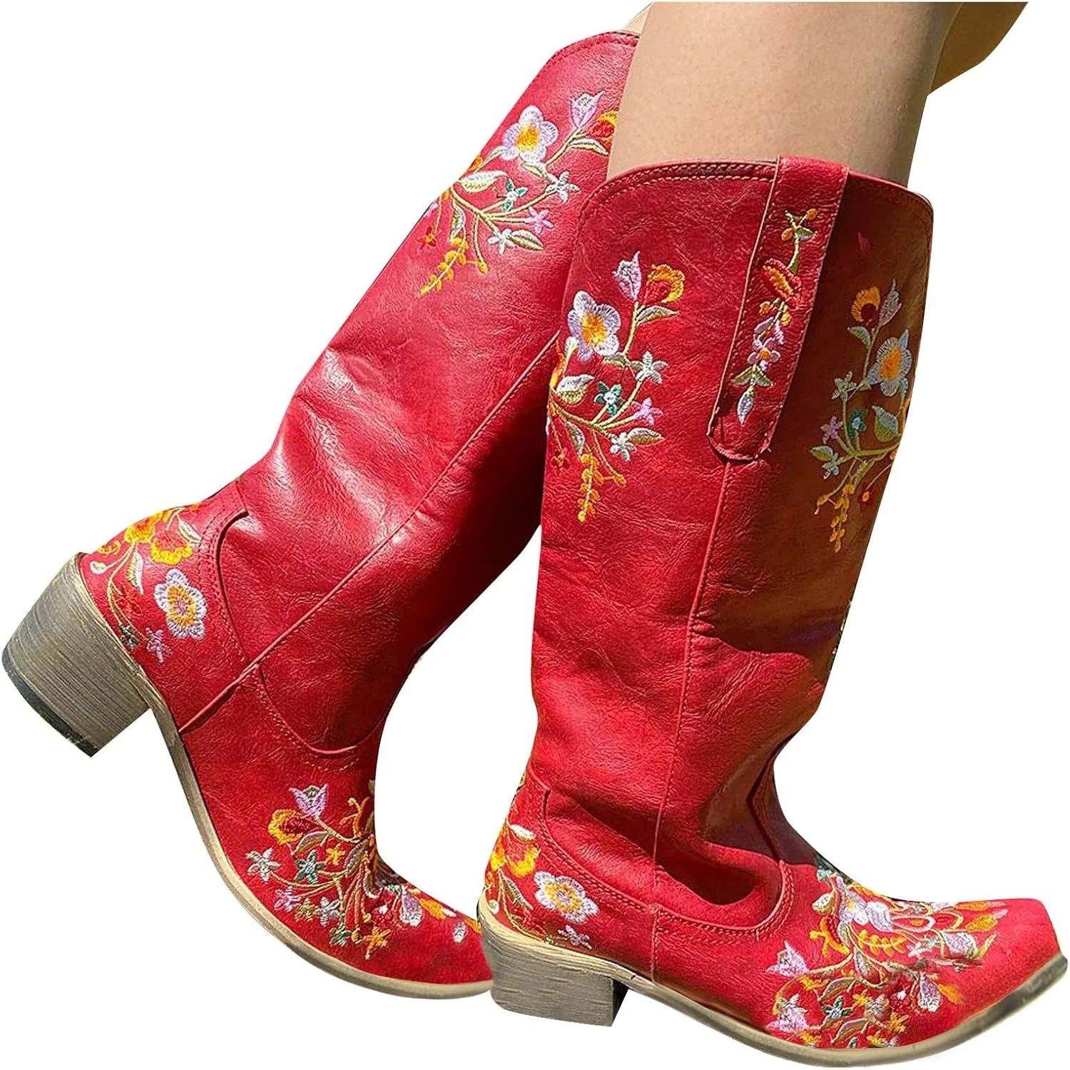 Women's Embroidered Printed Western Cowgirl Boots Retro Point Toe Mid Calf Chunky Heel Boots Slip-On Mid Calf Boots