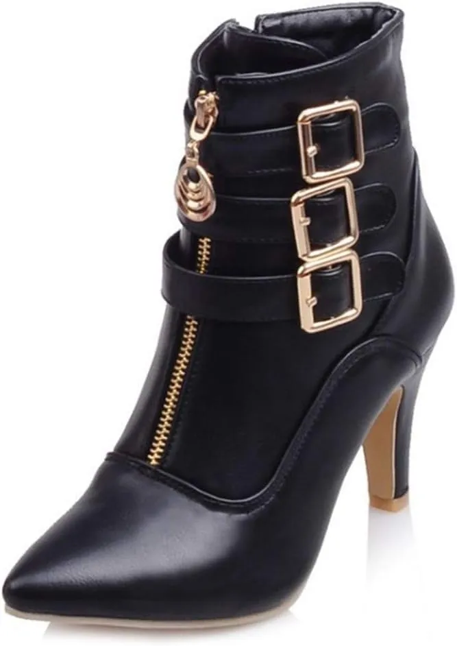 Women's Fashion Buckle Strappy Ankle Boots Pointy Toe Zipper Stiletto Kitten Heel Dress Short Booties