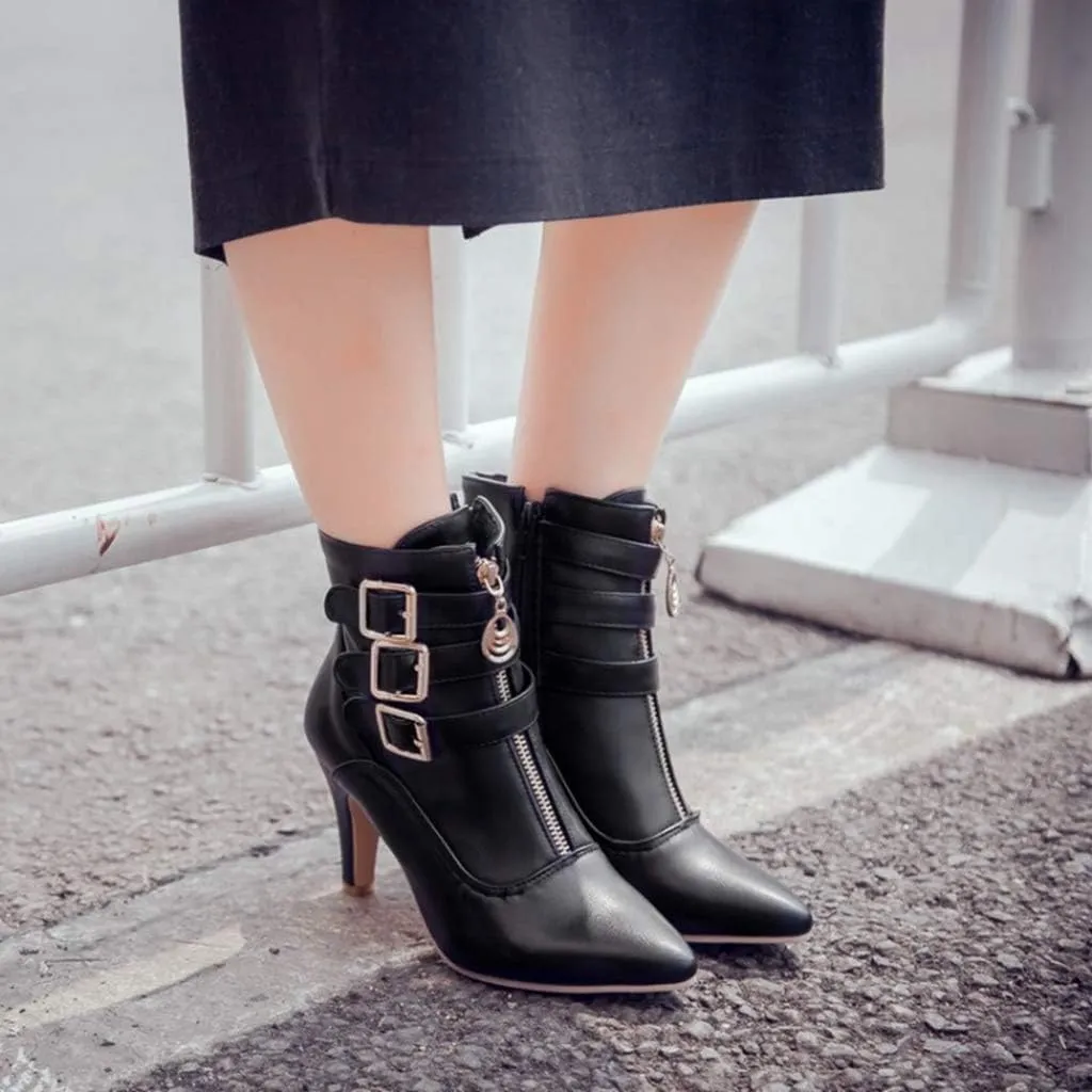 Women's Fashion Buckle Strappy Ankle Boots Pointy Toe Zipper Stiletto Kitten Heel Dress Short Booties