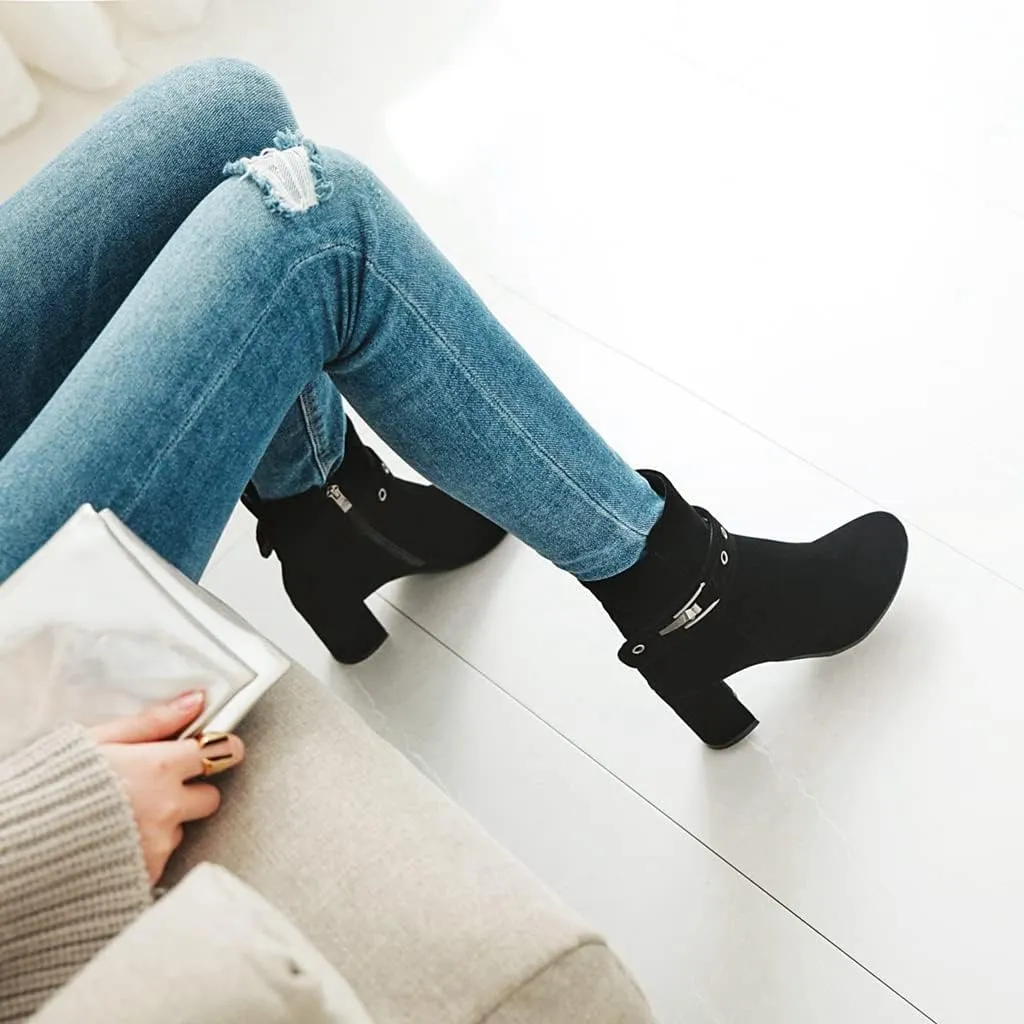 Women's Fashion Dressy Ankle Boots Round Toe Metallic Zipper Chunky High Heel Wedding Short Booties