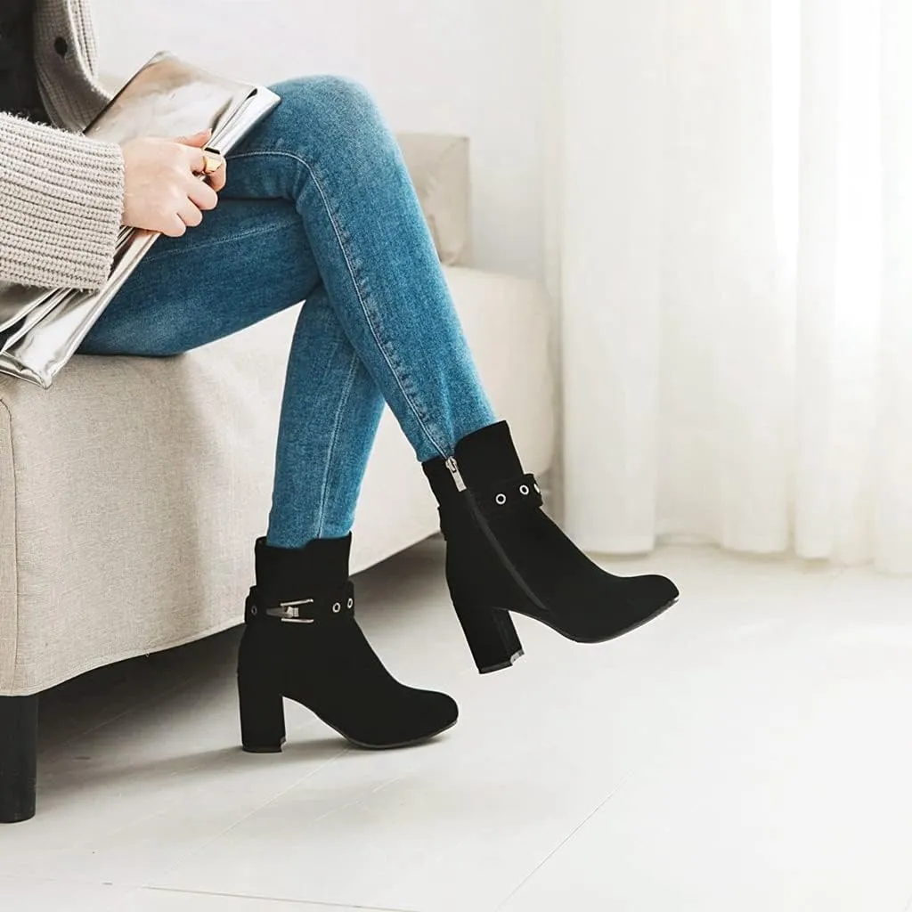 Women's Fashion Dressy Ankle Boots Round Toe Metallic Zipper Chunky High Heel Wedding Short Booties