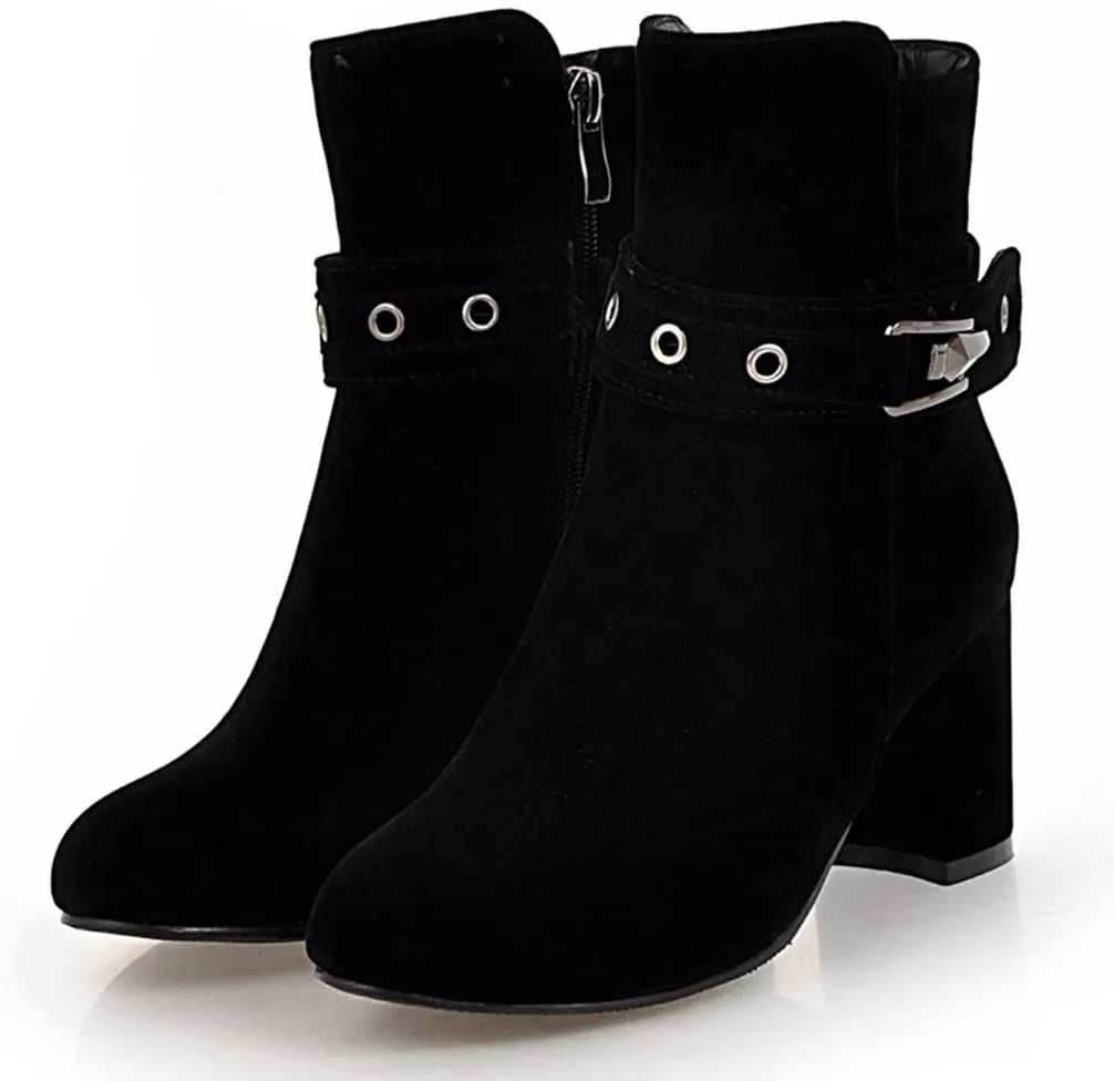 Women's Fashion Dressy Ankle Boots Round Toe Metallic Zipper Chunky High Heel Wedding Short Booties
