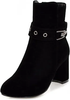 Women's Fashion Dressy Ankle Boots Round Toe Metallic Zipper Chunky High Heel Wedding Short Booties