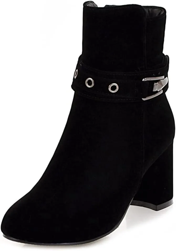 Women's Fashion Dressy Ankle Boots Round Toe Metallic Zipper Chunky High Heel Wedding Short Booties