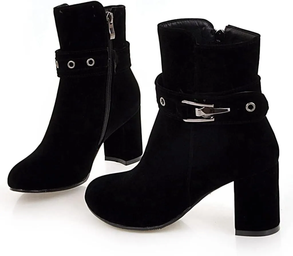 Women's Fashion Dressy Ankle Boots Round Toe Metallic Zipper Chunky High Heel Wedding Short Booties