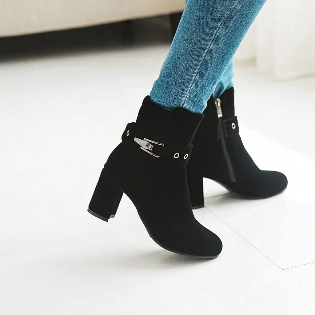 Women's Fashion Dressy Ankle Boots Round Toe Metallic Zipper Chunky High Heel Wedding Short Booties