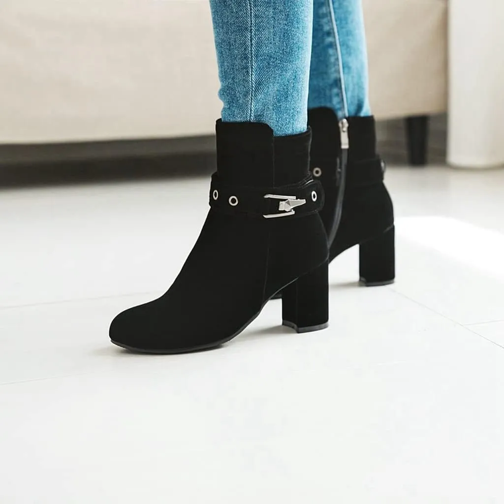 Women's Fashion Dressy Ankle Boots Round Toe Metallic Zipper Chunky High Heel Wedding Short Booties
