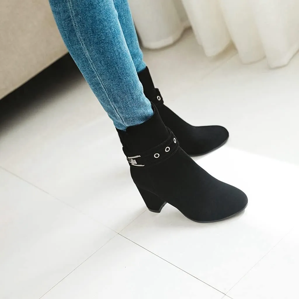 Women's Fashion Dressy Ankle Boots Round Toe Metallic Zipper Chunky High Heel Wedding Short Booties