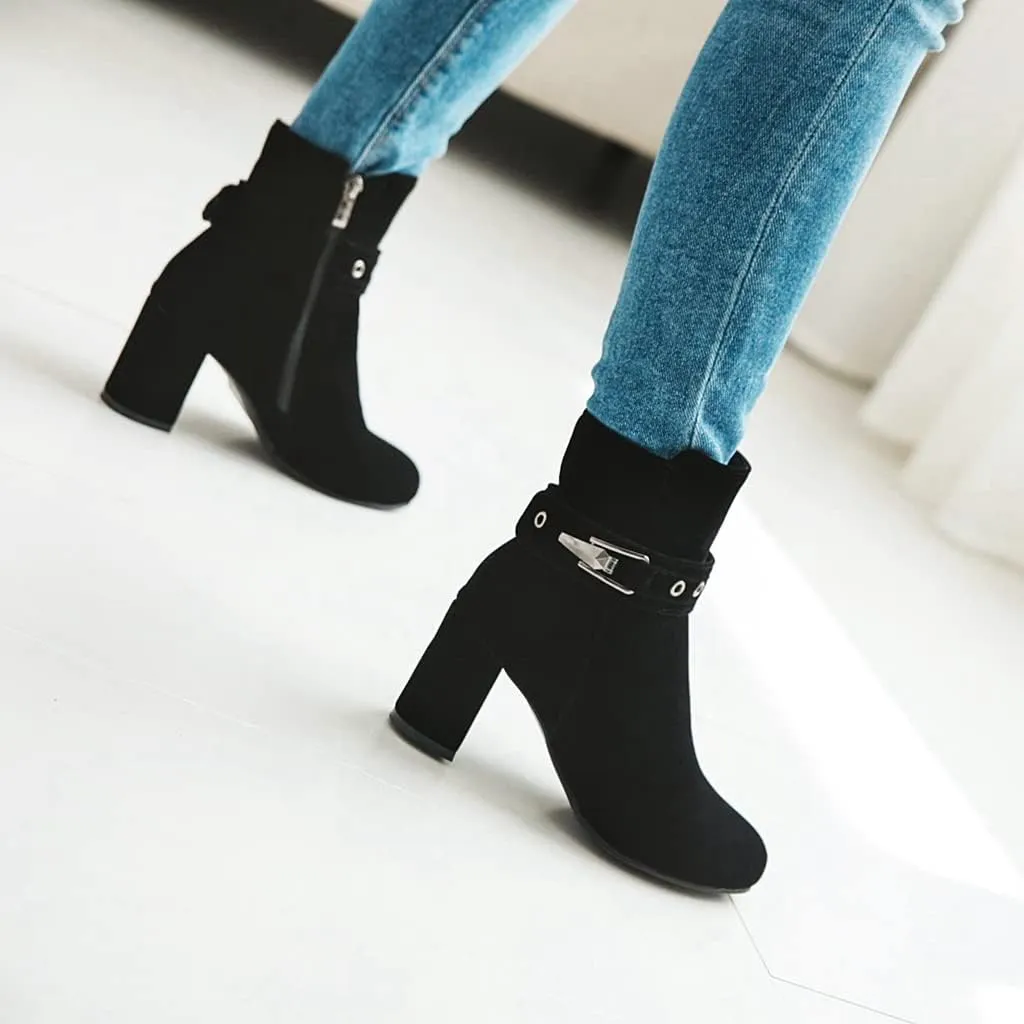 Women's Fashion Dressy Ankle Boots Round Toe Metallic Zipper Chunky High Heel Wedding Short Booties