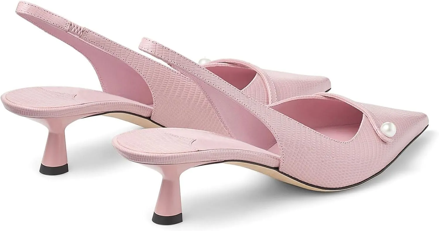 Women's Kitten Heel Pointed Toe Slingback Shoes Comfort Low Heel Slip On Patent/Embossed Leather Dress Pumps Fashion Pearl Party Casual Work Slingback Heels for Women