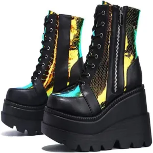 Women's Lace up Platform Goth Boots, Punk Wedge High Heel Combat Boots Booties, Gothic Ankle Boots Shoes