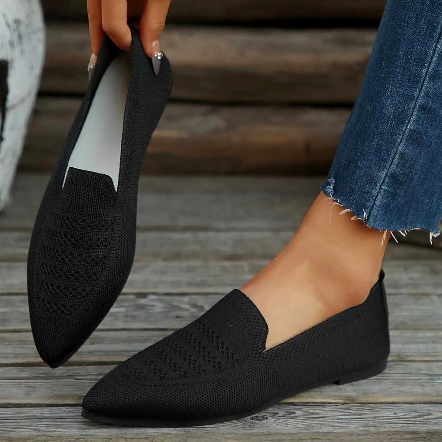 Women's Pointy Toe Loafers Extra Comfortable Knit Dress Shoes Cute Penny Loafer Slip On Ballet Flats Softable Shoes