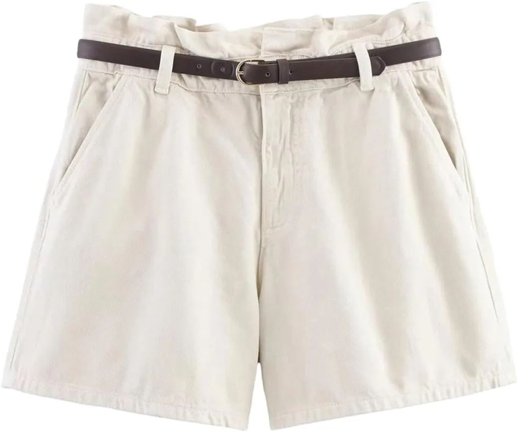 Women's Simple and Ashionable High Waisted Paper Bag Style Denim Casual Shorts