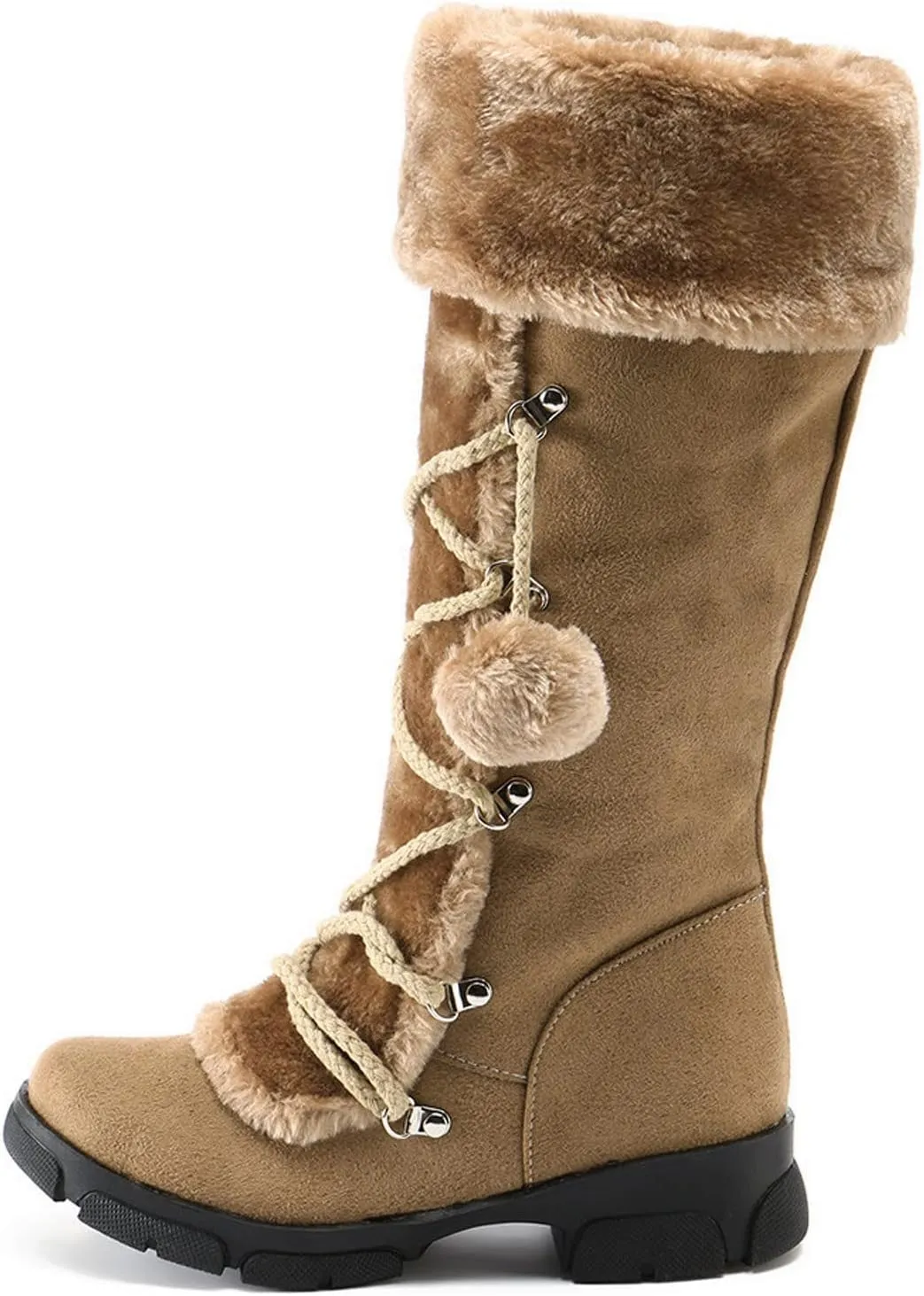 Womens Snow Boots Suede Mid Calf Dressy Winter Boots Pompom Non-Slip Fully Fur Booties Cold Weather Lace Up Ankle Boots Outdoor Sneakers Winter Shoes