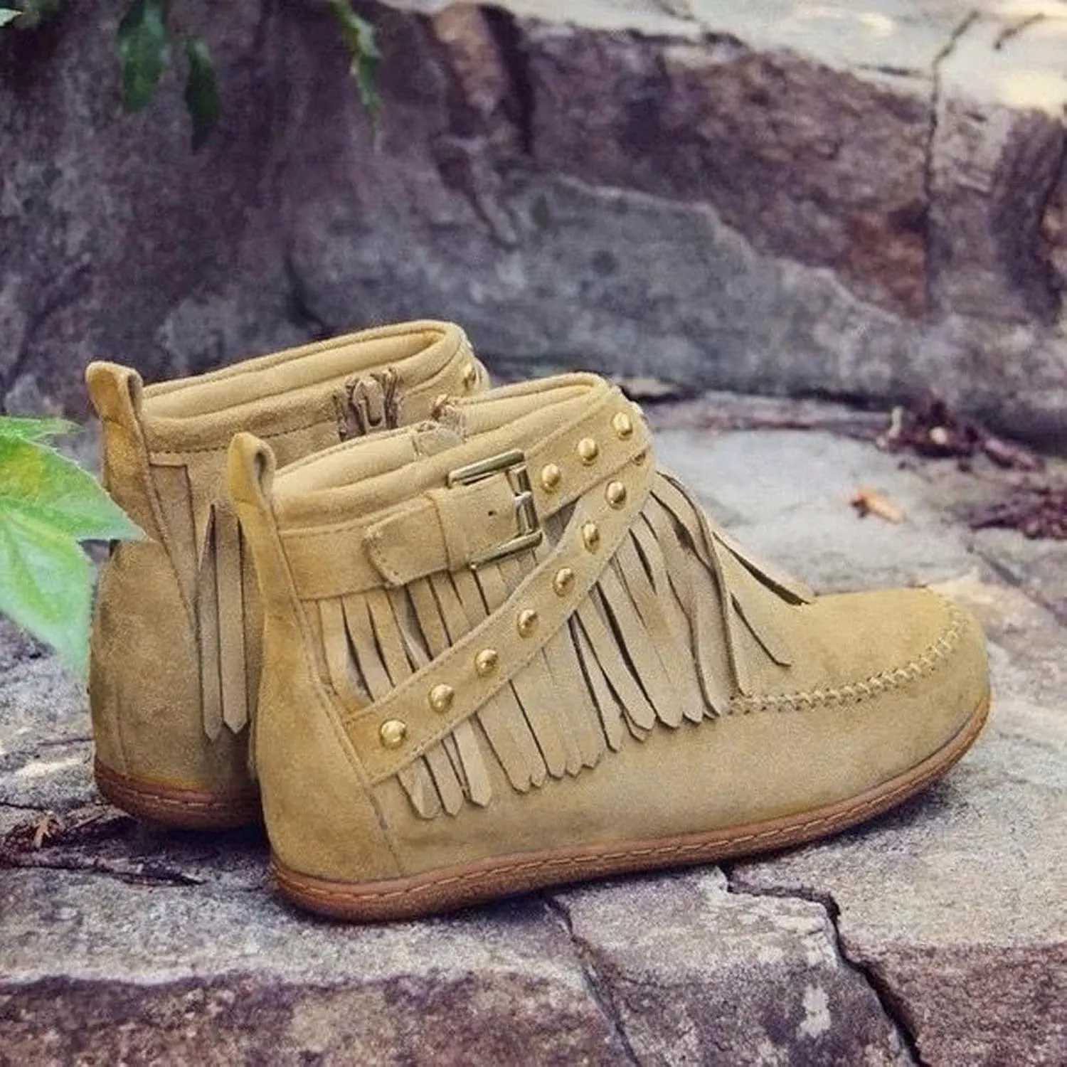 Women's Western Cowboy Boots, Fringe Faux Suede Boots Retro Round Toe Fringe Buckle Strap Ankle Boot Low Heel Rome Flat Shoes TasselKnight Booties Shoes