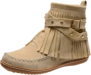 Women's Western Cowboy Boots, Fringe Faux Suede Boots Retro Round Toe Fringe Buckle Strap Ankle Boot Low Heel Rome Flat Shoes TasselKnight Booties Shoes