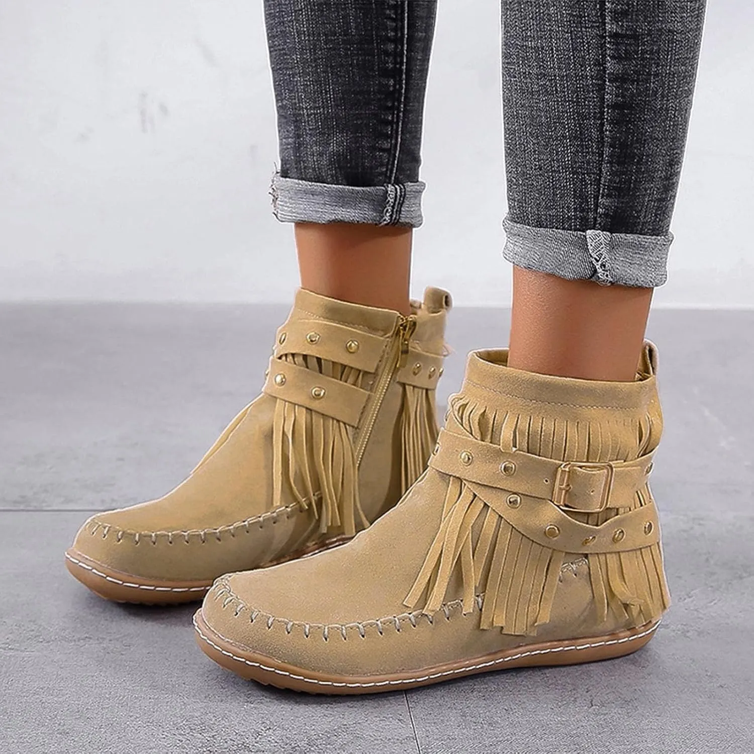 Women's Western Cowboy Boots, Fringe Faux Suede Boots Retro Round Toe Fringe Buckle Strap Ankle Boot Low Heel Rome Flat Shoes TasselKnight Booties Shoes
