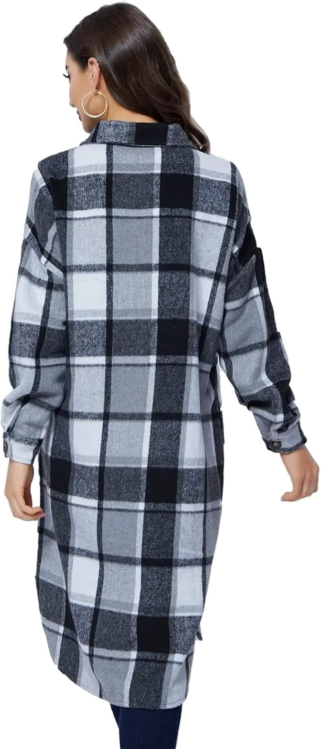 Xaspee Womens Long Plaid Shacket Jacket Casual Fashion Lapel Button Down Long Sleeve Long Plaid Coat with Pockets