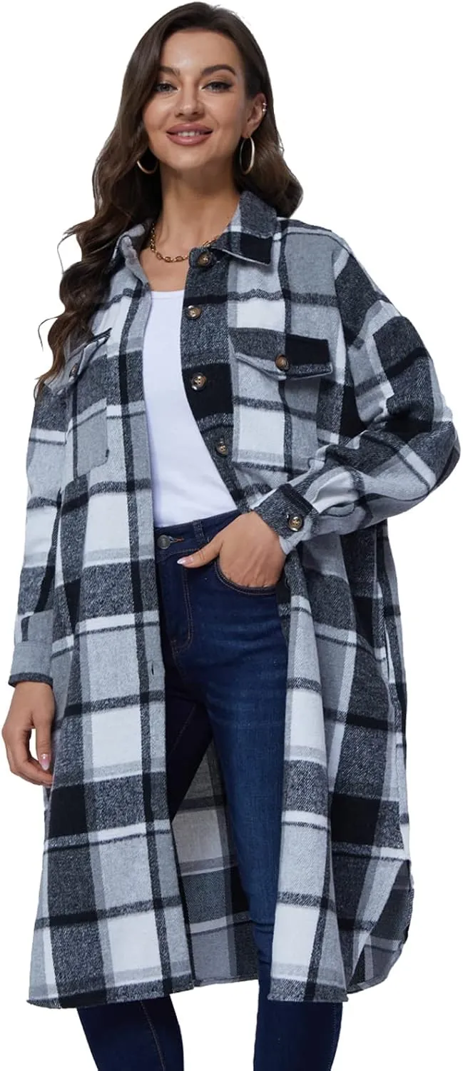 Xaspee Womens Long Plaid Shacket Jacket Casual Fashion Lapel Button Down Long Sleeve Long Plaid Coat with Pockets