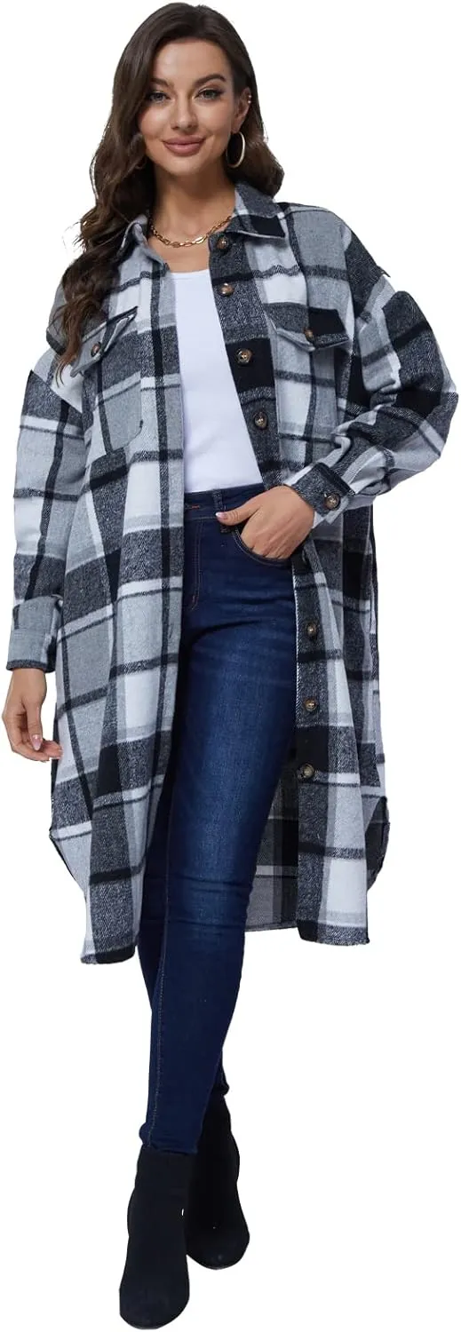 Xaspee Womens Long Plaid Shacket Jacket Casual Fashion Lapel Button Down Long Sleeve Long Plaid Coat with Pockets