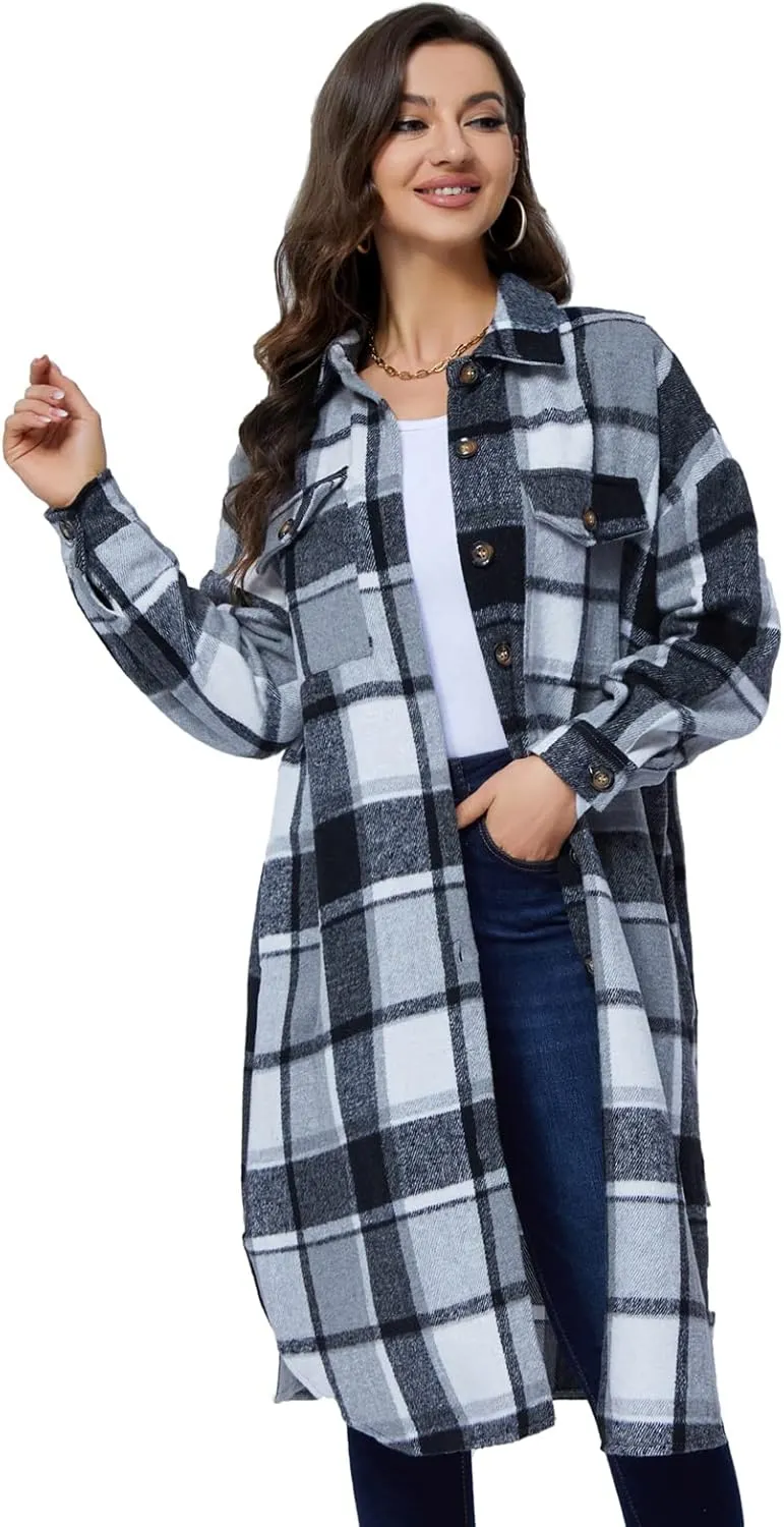 Xaspee Womens Long Plaid Shacket Jacket Casual Fashion Lapel Button Down Long Sleeve Long Plaid Coat with Pockets