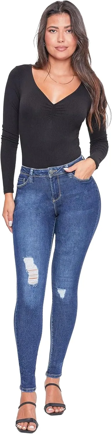 YMI Womens Basic 1-Button High-Rise Skinny Jean Made with Recycled Fibers