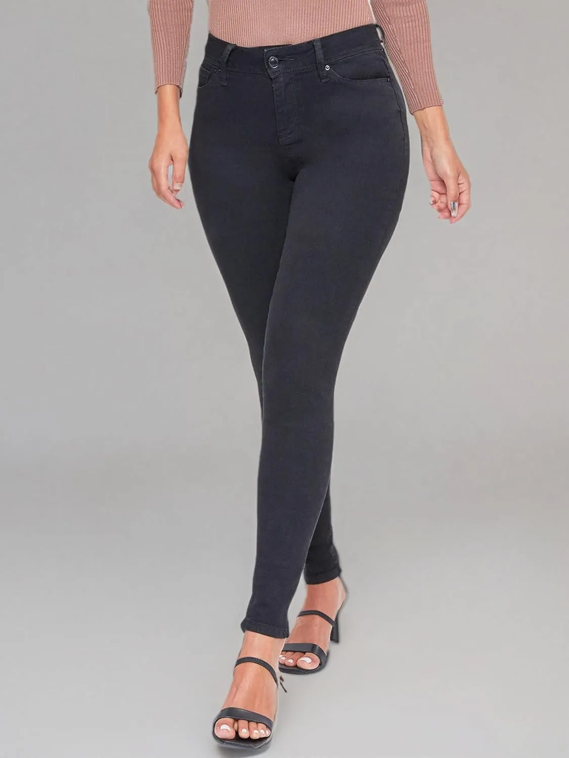 YMI Womens Basic 1-Button High-Rise Skinny Jean Made with Recycled Fibers