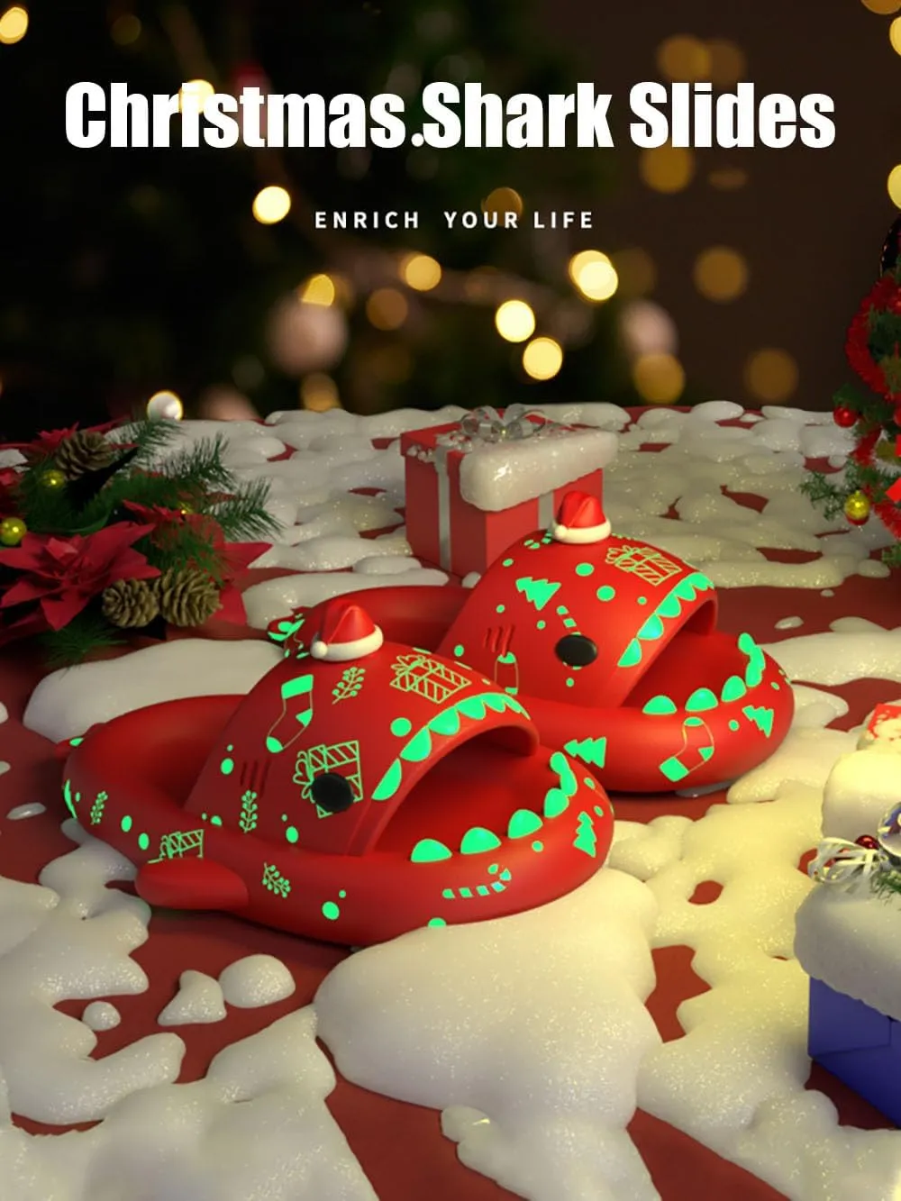Zureto Christmas Edition Shark Slides, Cloud Shark Sandals 3D Cartoon Christmas Shark Slippers for Women Men